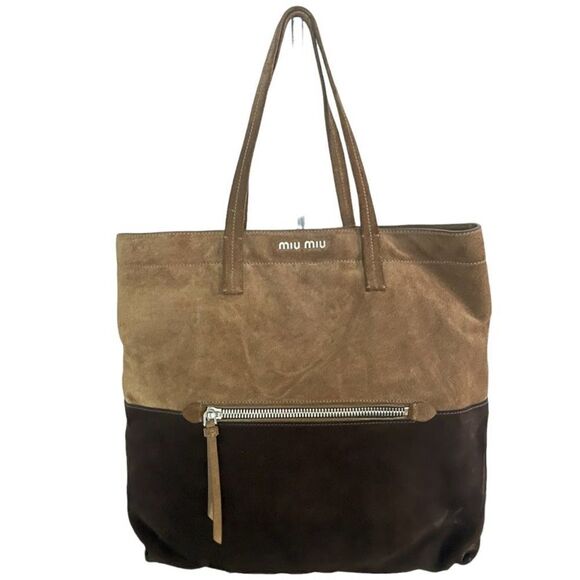 Prada Miu Miu Two Tone Suede Shopper Tote Handbag Brown - Picture 1 of 8